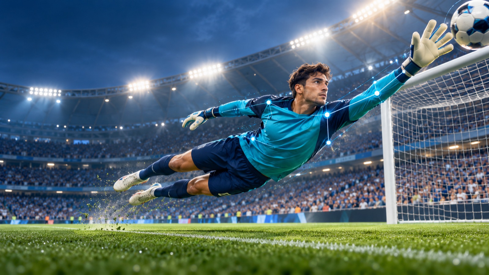 Goalkeeper diving toward a football with subtle augmented-reality pose tracking points on the shoulders and arms