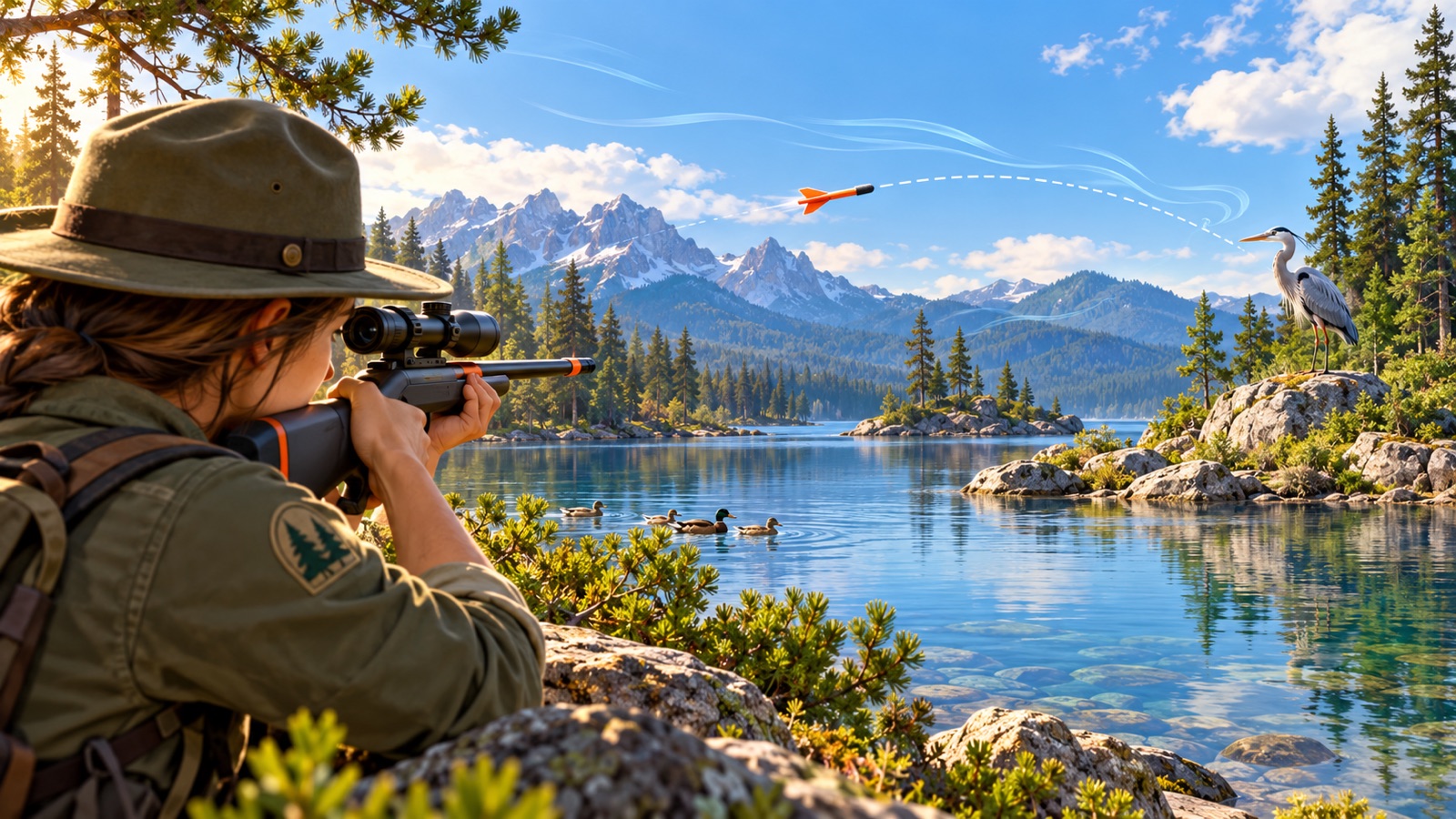Wildlife ranger fires a harmless orange tag dart across a pine lake while wind bends its flight toward a heron