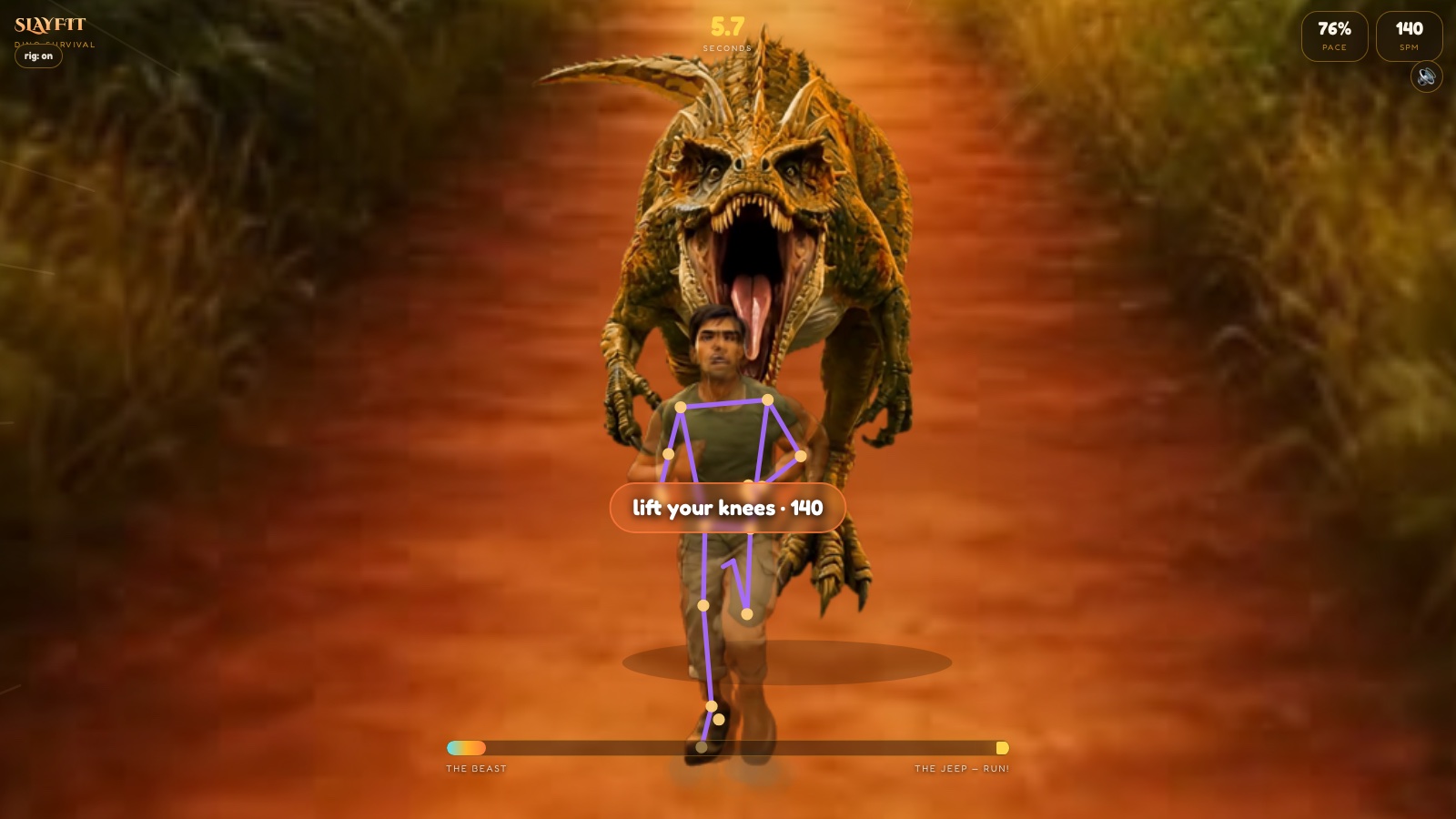 Dino Survival gameplay showing the runner, chasing dinosaur, cadence, pace, elapsed time and escape progress