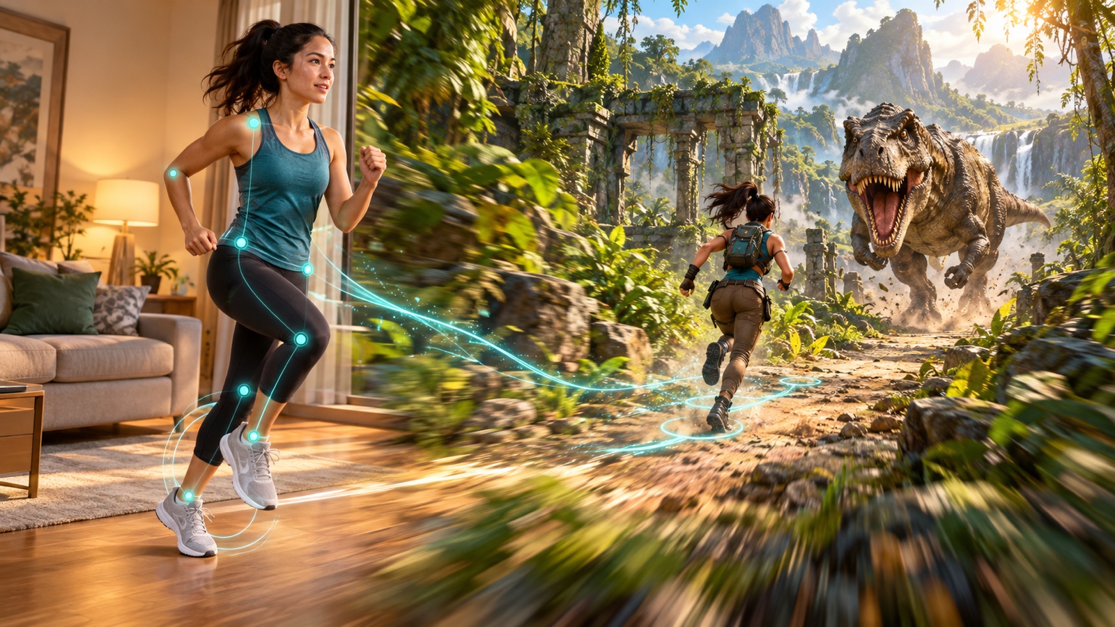 A player runs in place at home while body tracking turns the effort into a jungle escape from a dinosaur