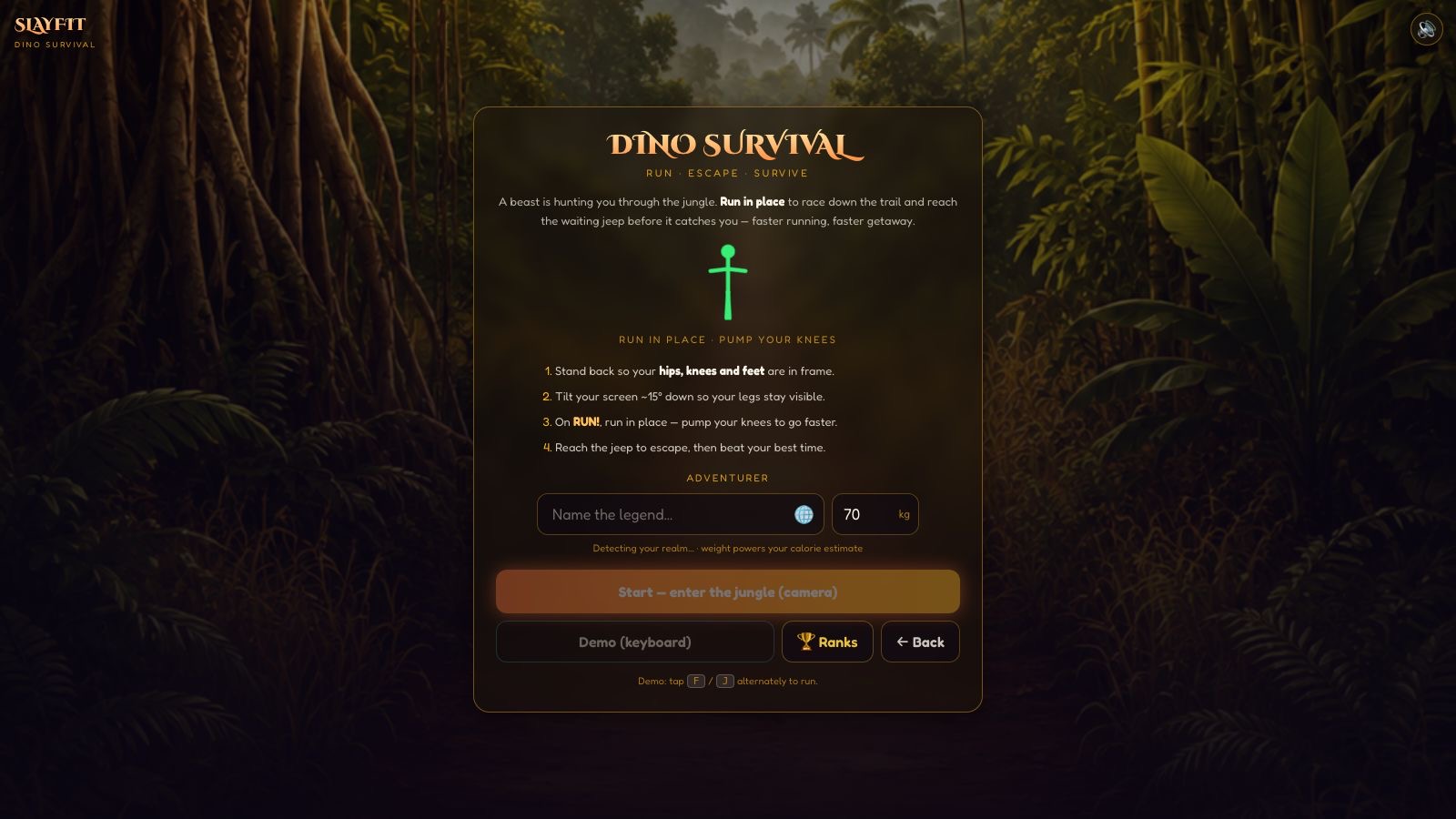 Dino Survival start screen showing instructions for running in place using a webcam