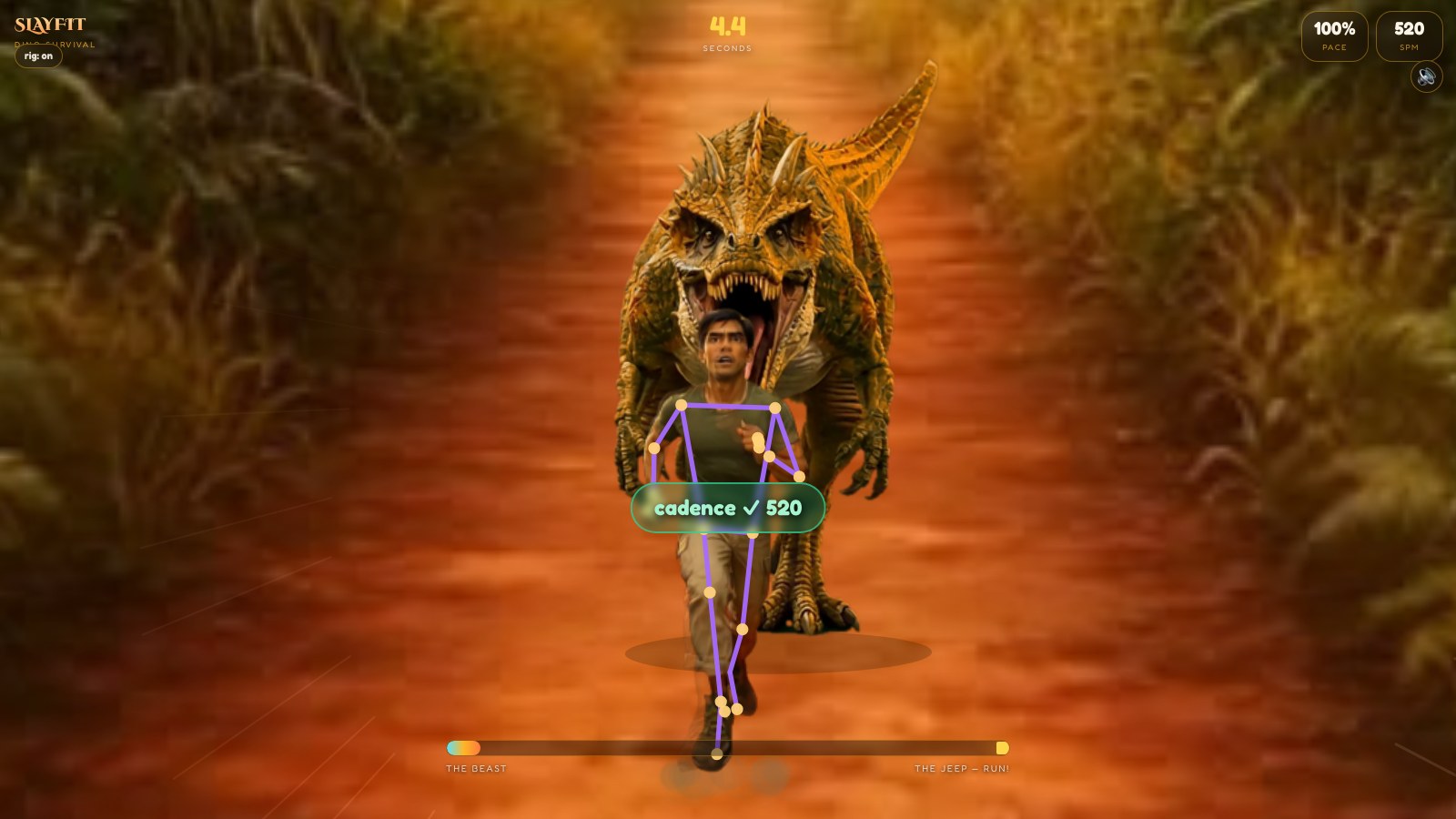 Dino Survival gameplay showing a runner escaping a dinosaur on a jungle trail with the distance and pace display