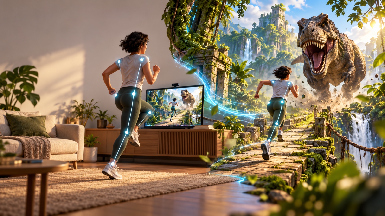 A person running in place as webcam pose tracking turns a living room into a jungle chase with a T-Rex