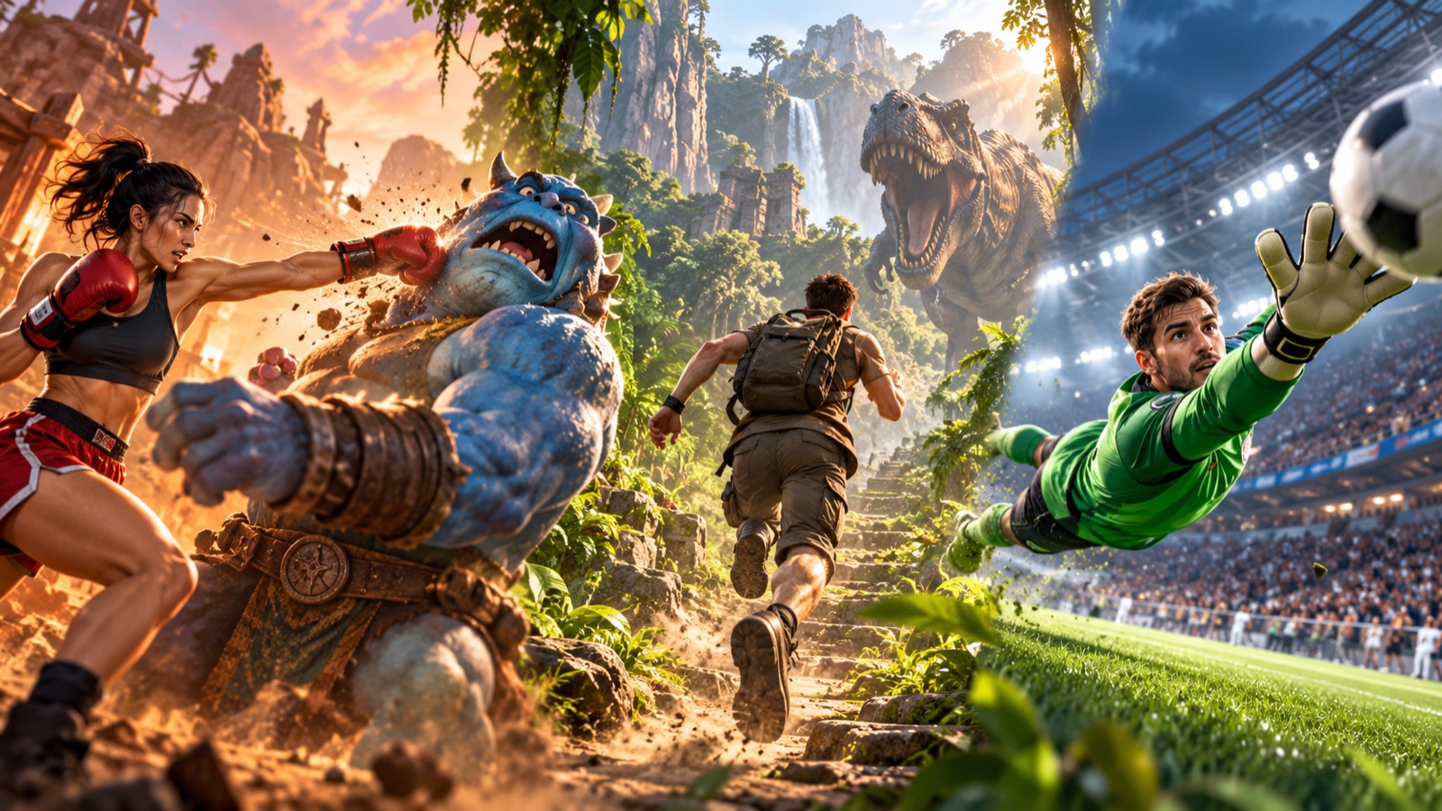 Three browser game scenes showing a boxer facing a fantasy monster, a runner escaping a dinosaur, and a goalkeeper diving for a football