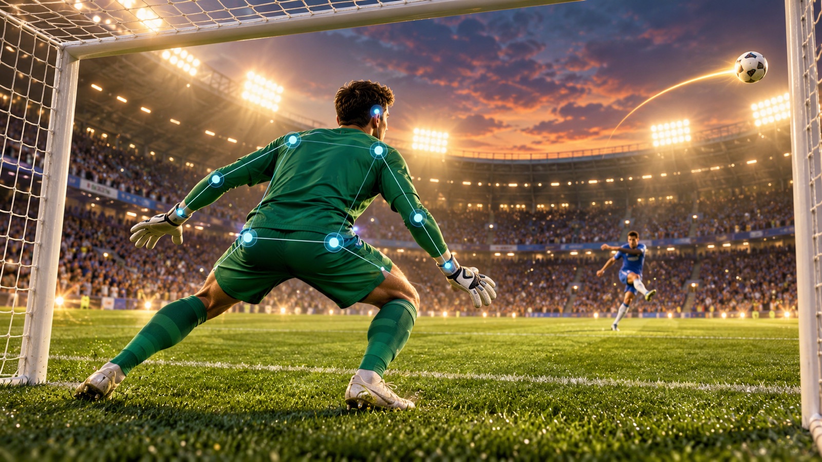 Goalkeeper tracks a curving football under stadium lights while pose landmarks show how the webcam maps body movement