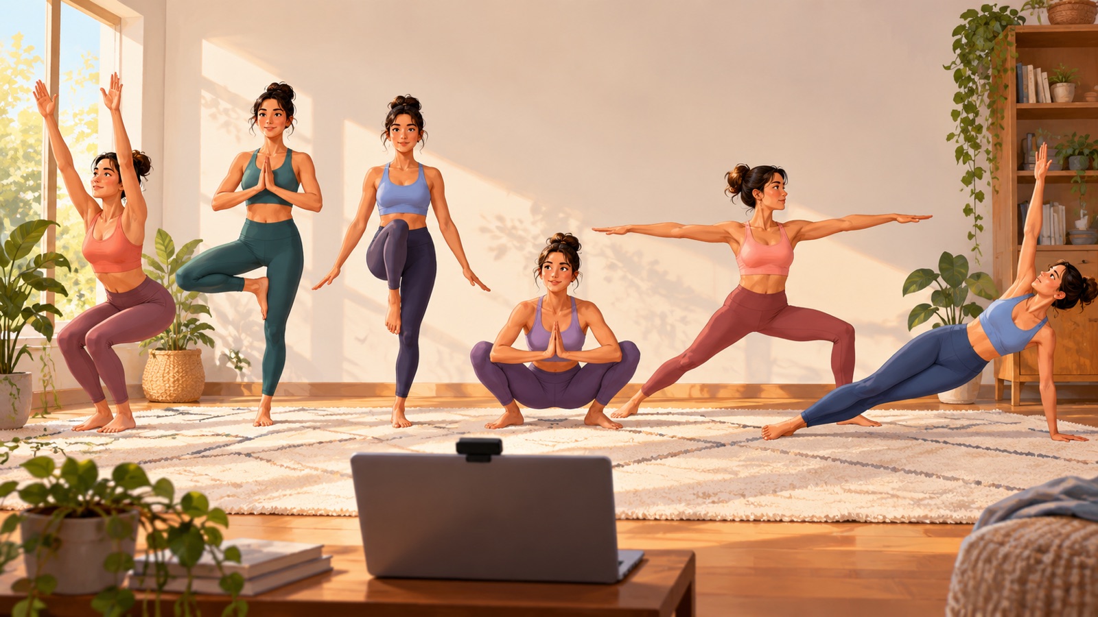Six bodyweight hold poses arranged in a bright room while a laptop webcam observes from the foreground