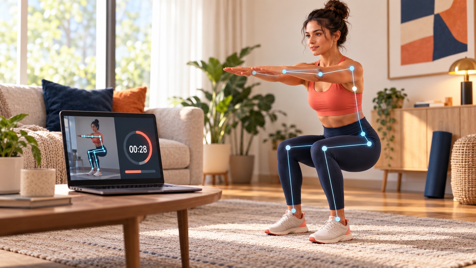 A player holds a chair pose at home while a laptop webcam tracks body joints and runs a timer