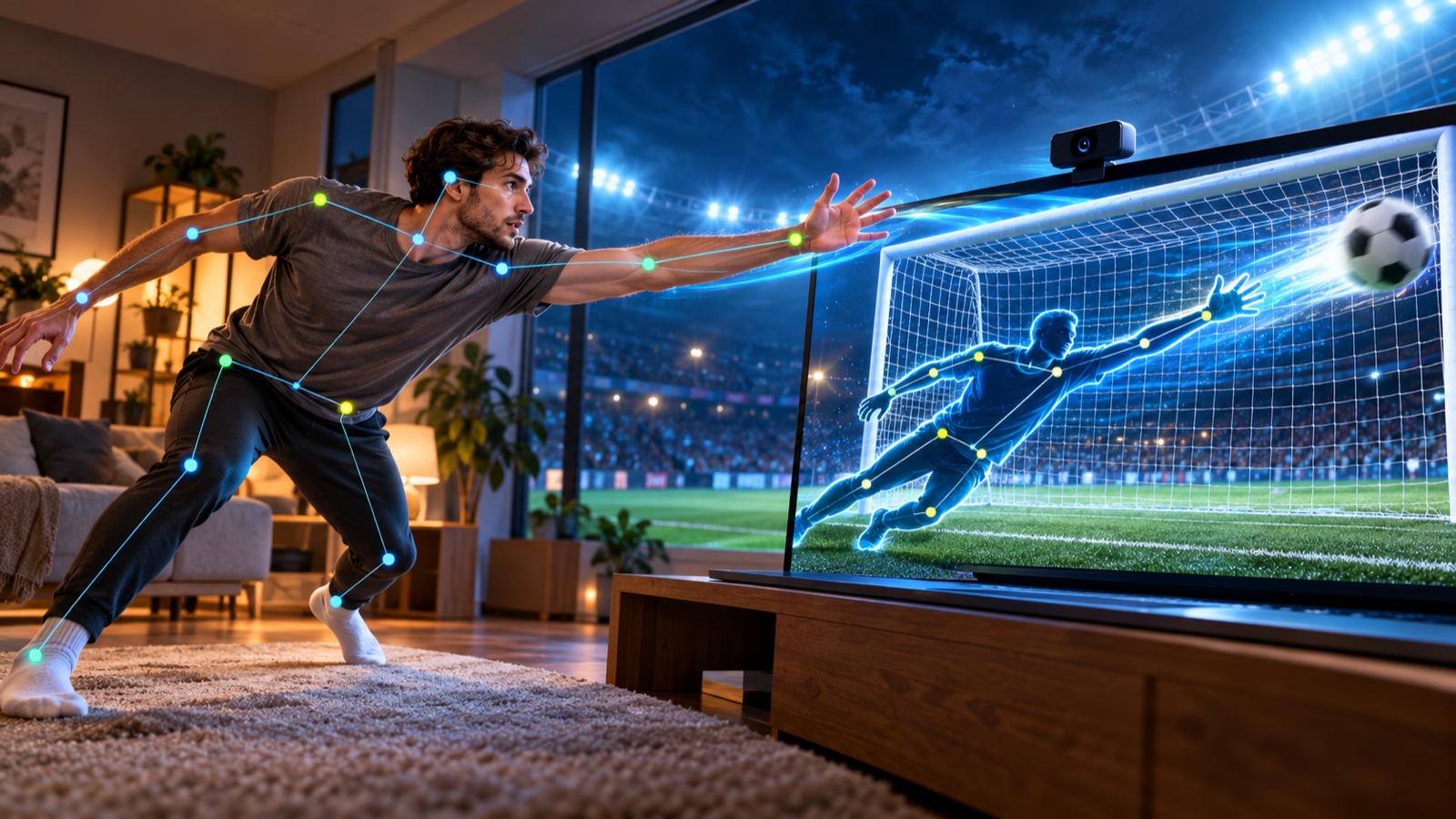 A player reaching across a living room while webcam pose tracking maps the movement to a goalkeeper diving inside a football game