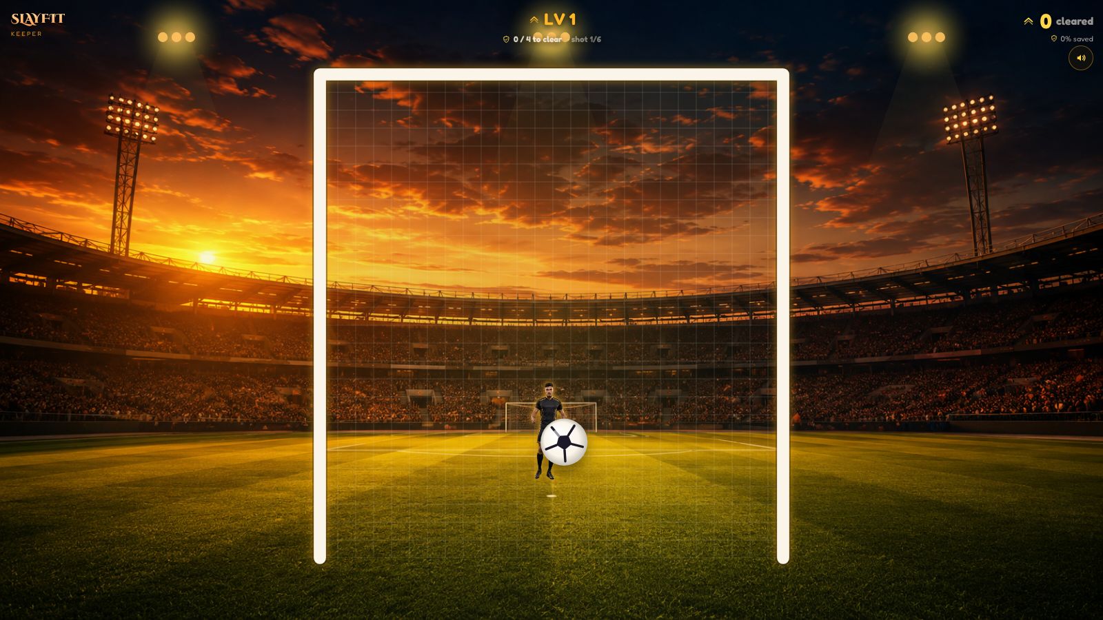 Keeper gameplay showing an incoming football, the shooter, goal frame, level and save target inside a floodlit stadium