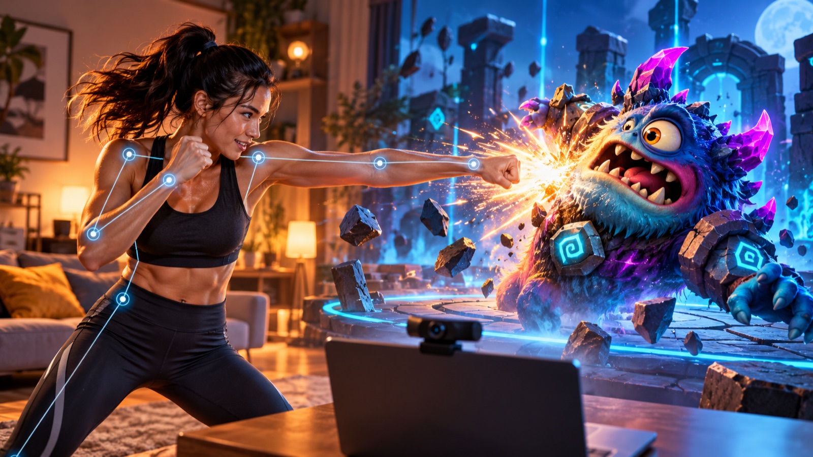 A woman shadow boxing at home while webcam pose tracking maps her punch into a colorful browser game monster