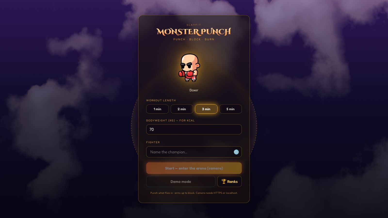 Monster Punch setup screen showing round duration, bodyweight, camera mode and demo mode options