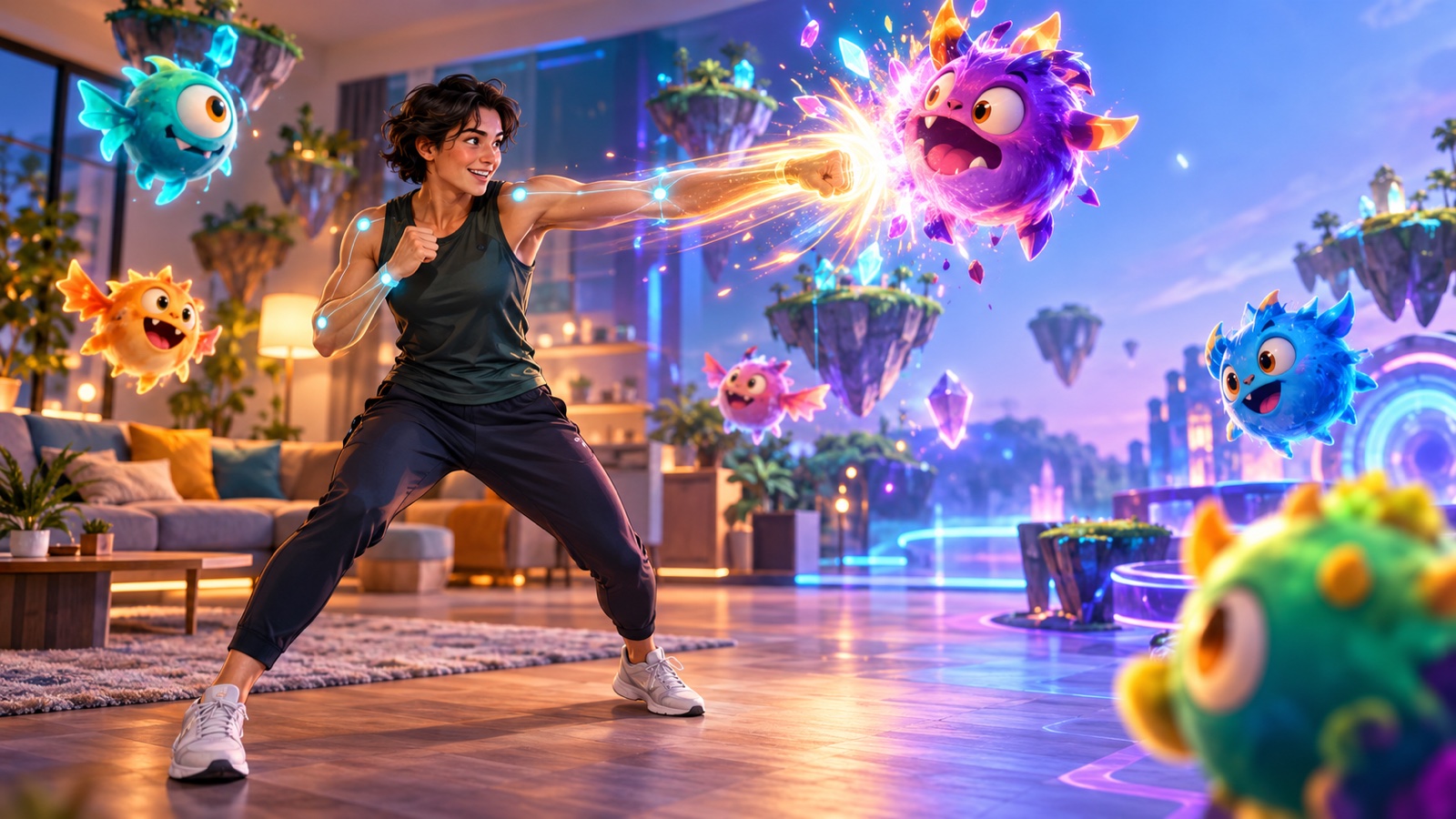 A player aims a punch at a colourful flying monster while other targets appear across the visual field