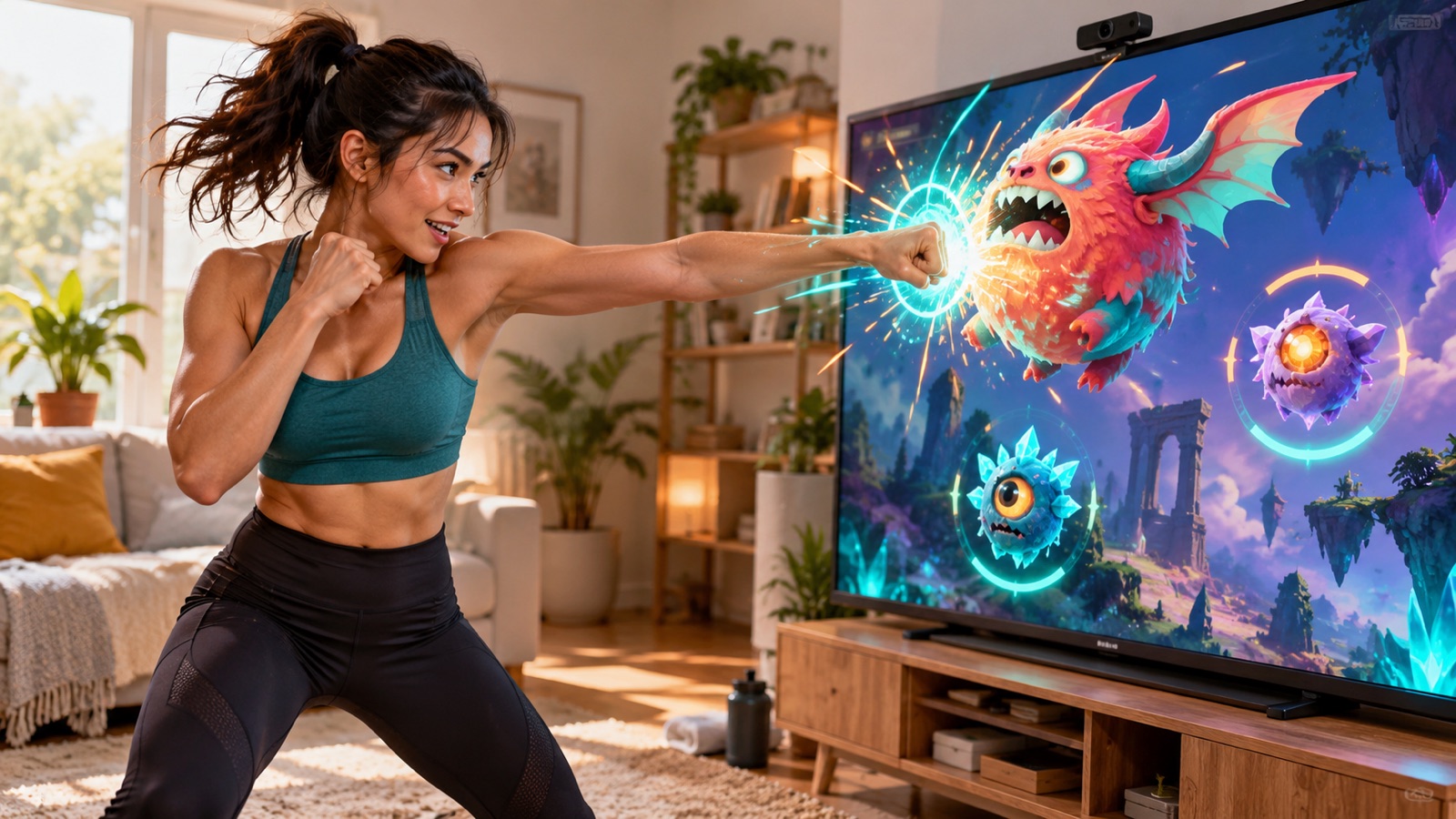 A player throws one controlled punch towards a colourful flying monster on a browser game screen while keeping the other hand ready