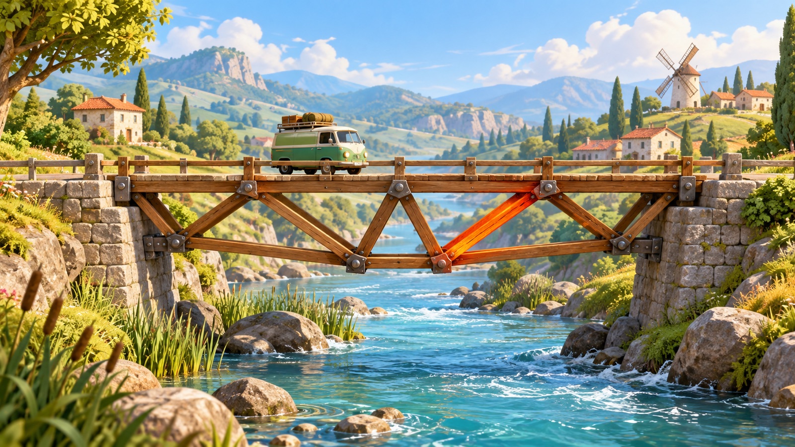 A wooden truss bridge carries a small van across a bright river while one heavily loaded support glows orange