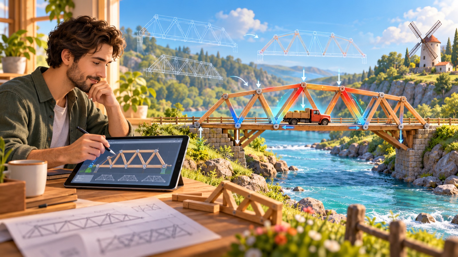 A player planning a wooden truss bridge while force arrows and alternate designs show the process of testing and revision