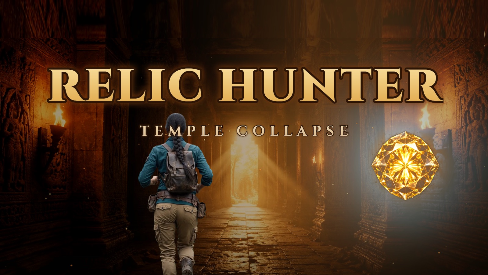 Relic Hunter Temple Collapse cover showing Mira running through a torch-lit temple toward the glowing Syamantaka Gem