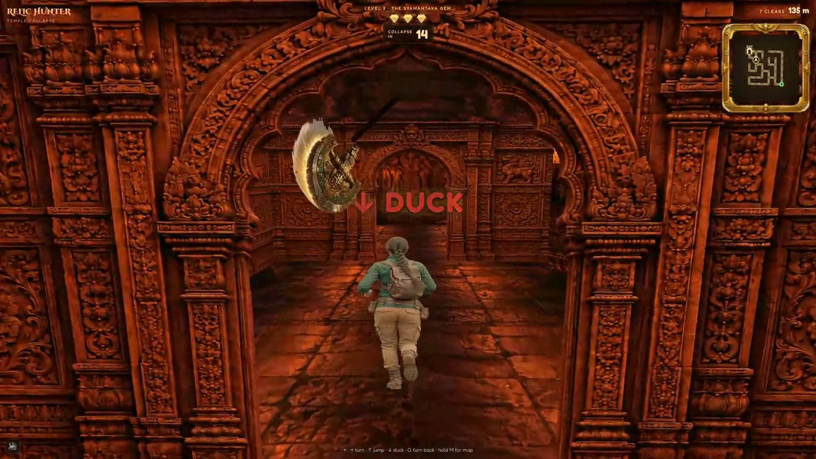 Relic Hunter gameplay prompting the player to duck beneath a swinging blade while following the maze route