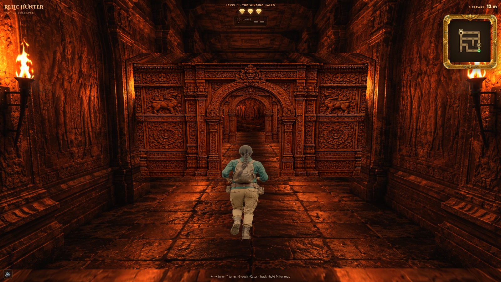 Relic Hunter gameplay in The Winding Halls with the runner approaching a carved doorway and the maze minimap visible in the corner