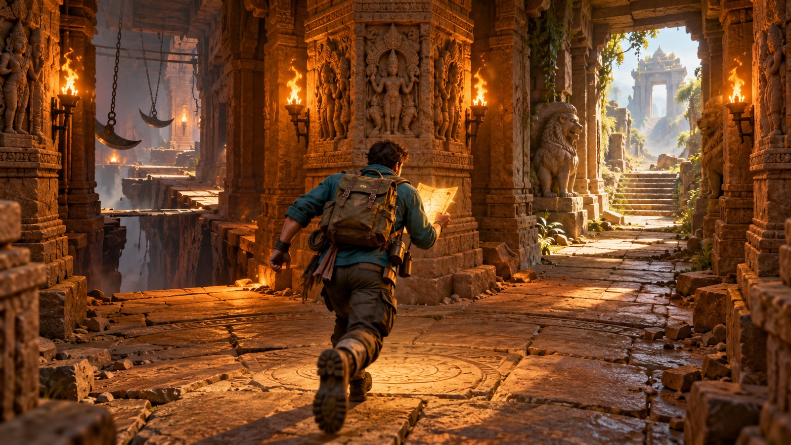 A relic hunter studies a glowing map while running towards a fork inside a collapsing carved stone temple