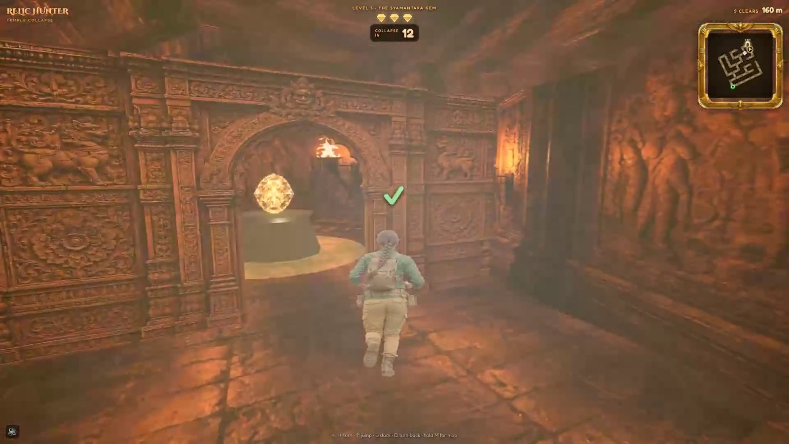 Mira approaching the glowing Syamantaka Gem during the fifth Relic Hunter maze trial