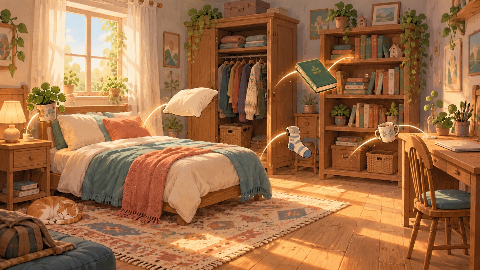 A warm hand-painted bedroom with books, a sock, a mug and a pillow moving gently toward sensible places