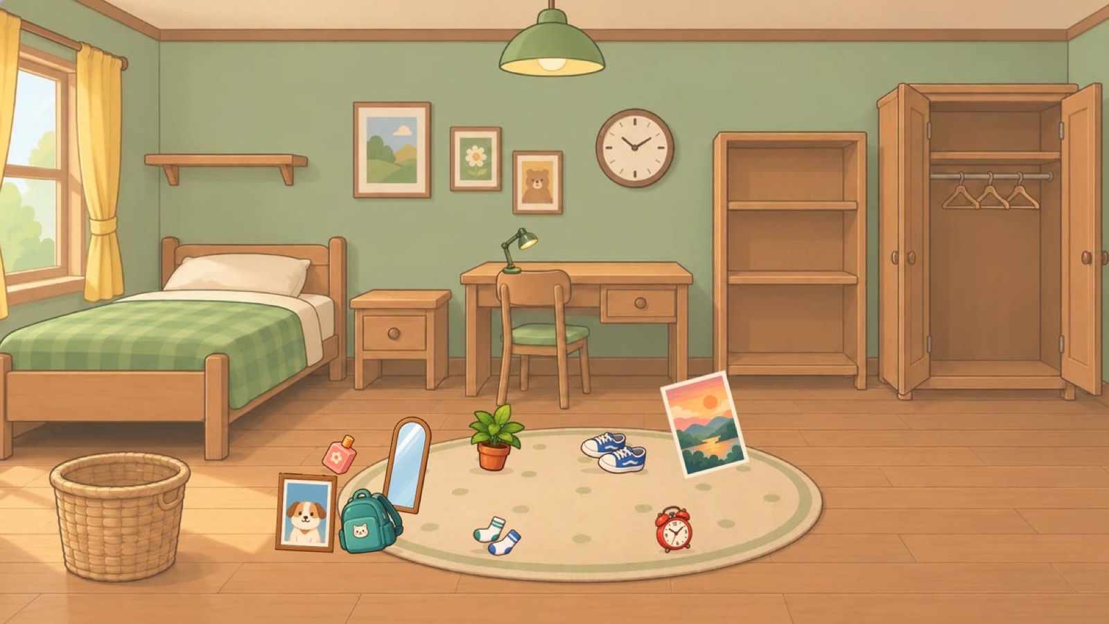 Authentic Spotless game artwork showing a hand-painted bedroom with wardrobe, bookshelf, desk and objects ready to be tidied