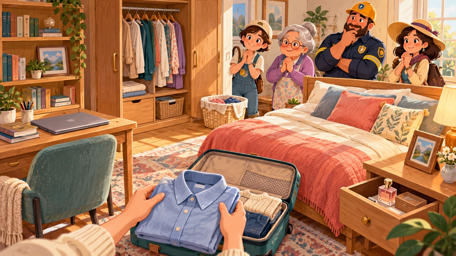 A player folds a shirt into a suitcase while four friendly inspectors study a warm, carefully organized bedroom