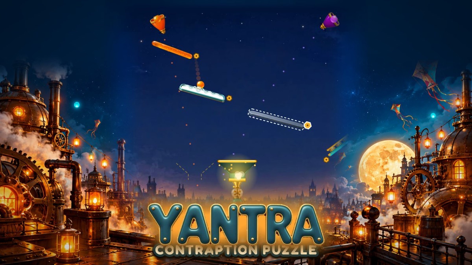 Authentic Yantra game artwork showing a brass boiler machine, steel ball paths and loose contraption parts in an industrial workshop