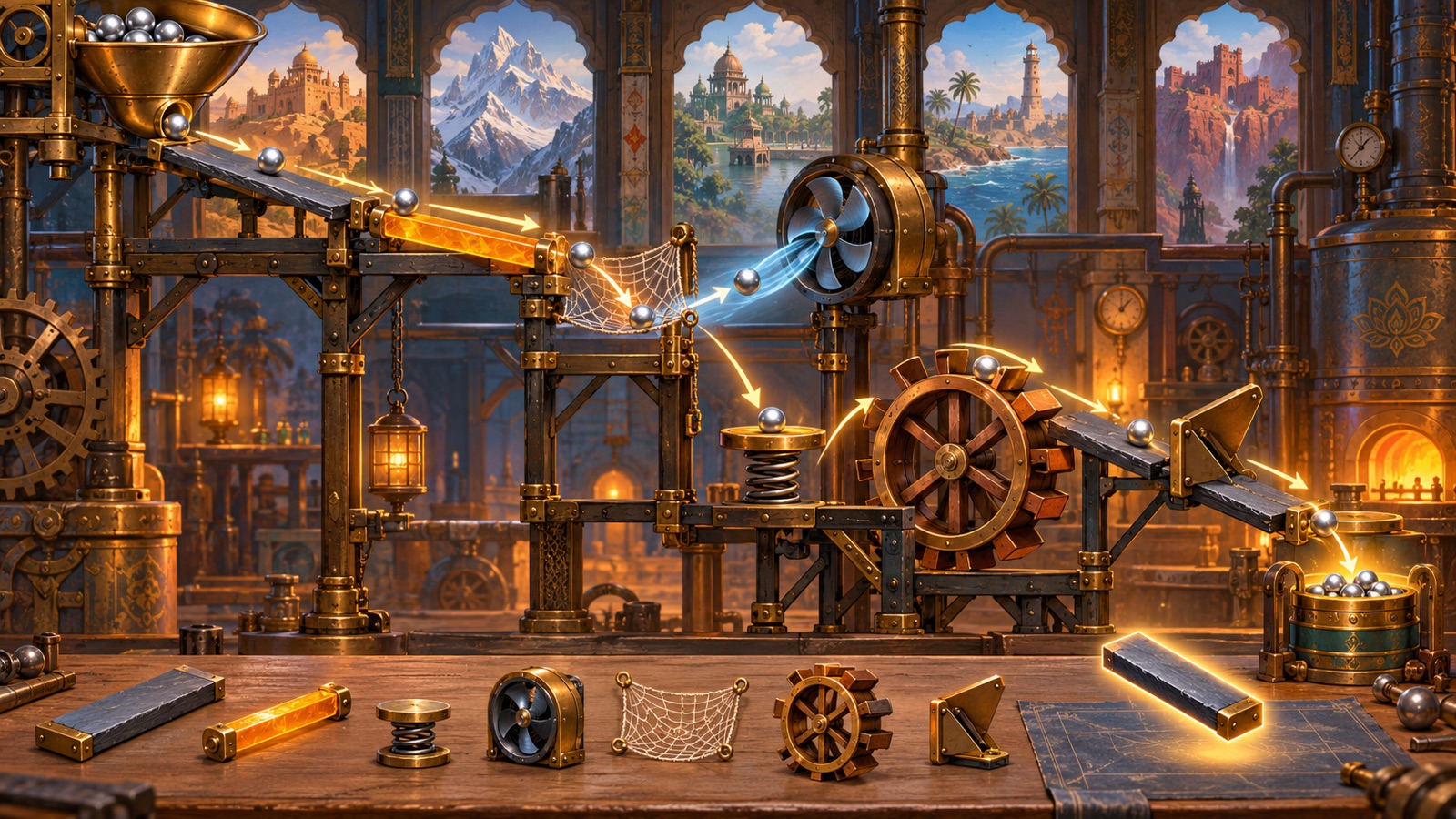 Steel balls travel through ramps, amber bars, a silk net, fan, spring and paddle wheel inside a brass industrial puzzle machine