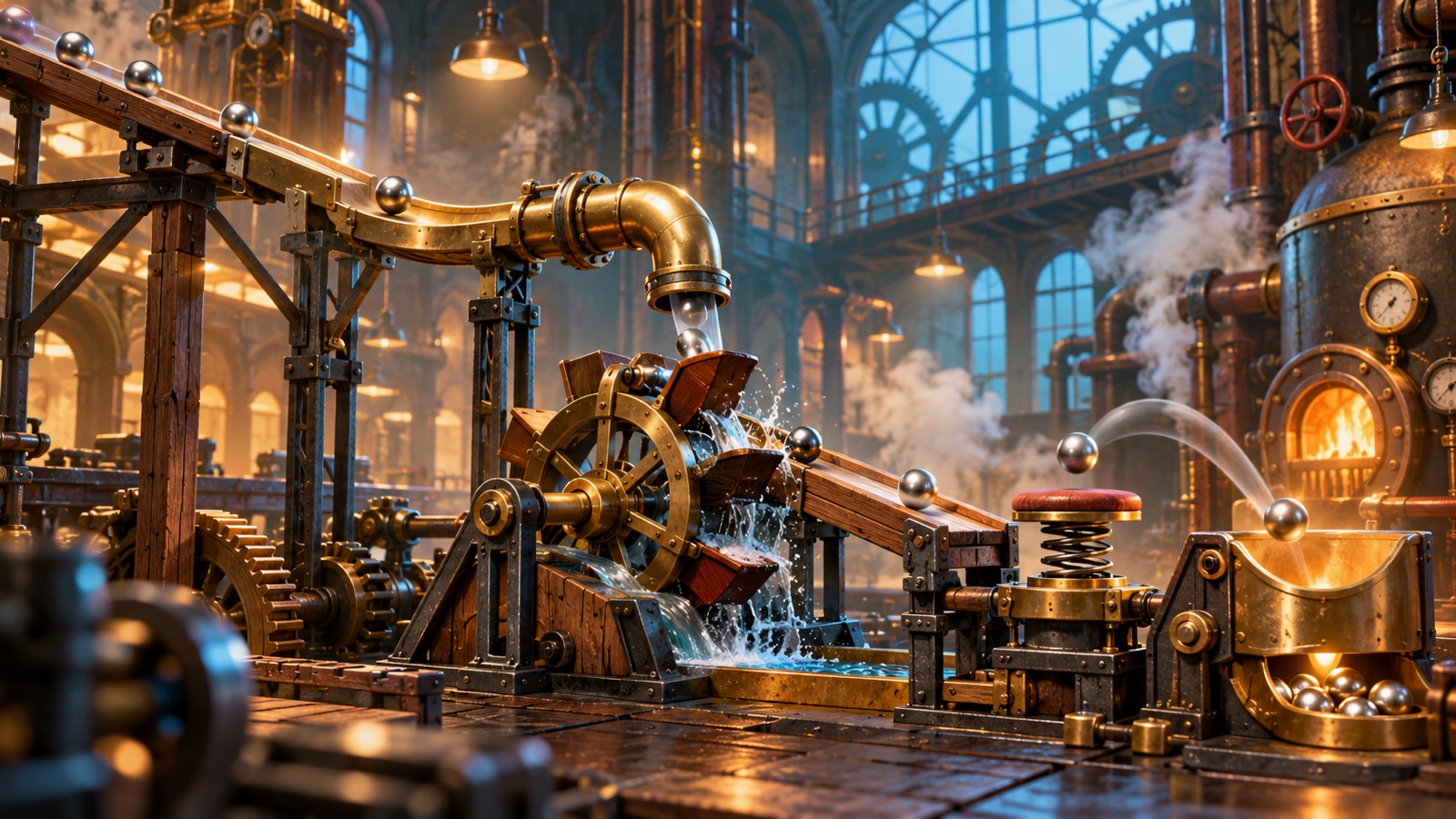 Steel balls move through ramps, brass pipes, a paddle wheel and a spring inside a warm industrial puzzle machine