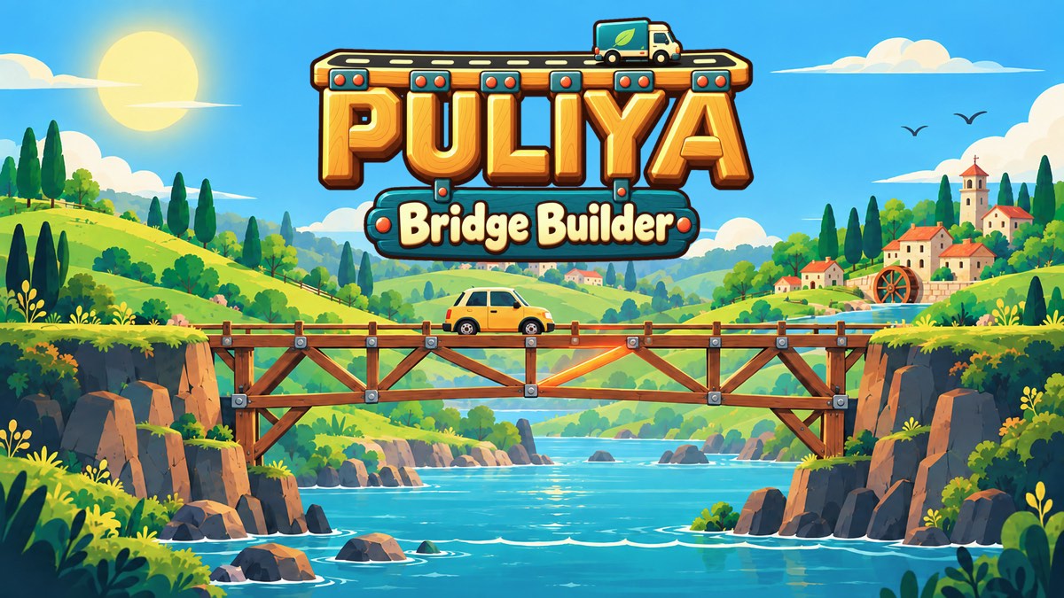 Puliya bridge builder game artwork showing a wooden bridge carrying a vehicle across a sunny river